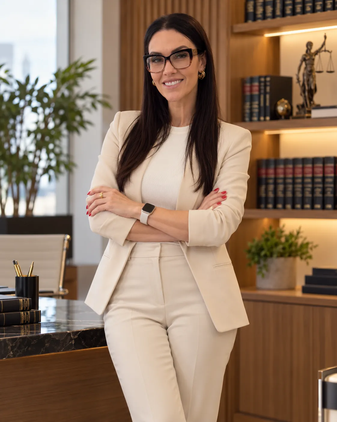 Glaucia Poliana de Azevedo Poletto no escritório, de braços cruzados