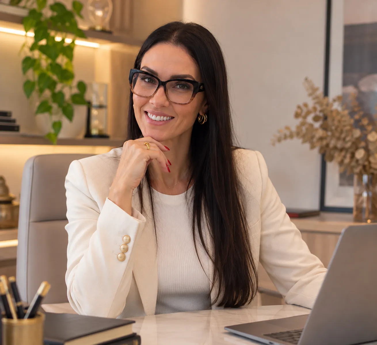 Glaucia Poliana de Azevedo Poletto à mesa do escritório, com a mão apoiada no queixo
